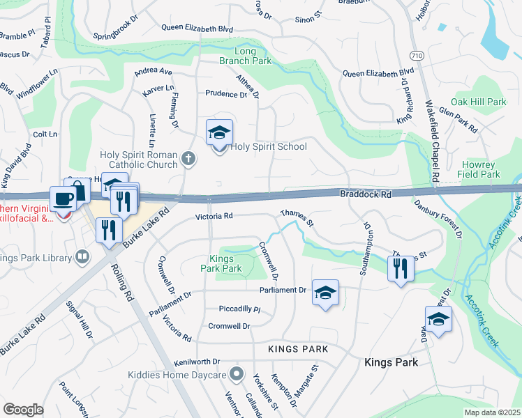 map of restaurants, bars, coffee shops, grocery stores, and more near 8706 Victoria Road in Springfield