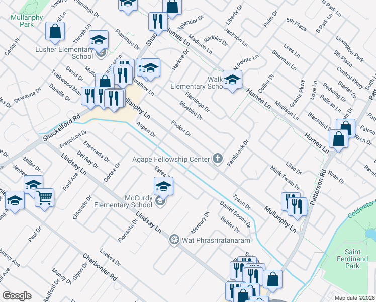 map of restaurants, bars, coffee shops, grocery stores, and more near 1201 Greeley Drive in Florissant