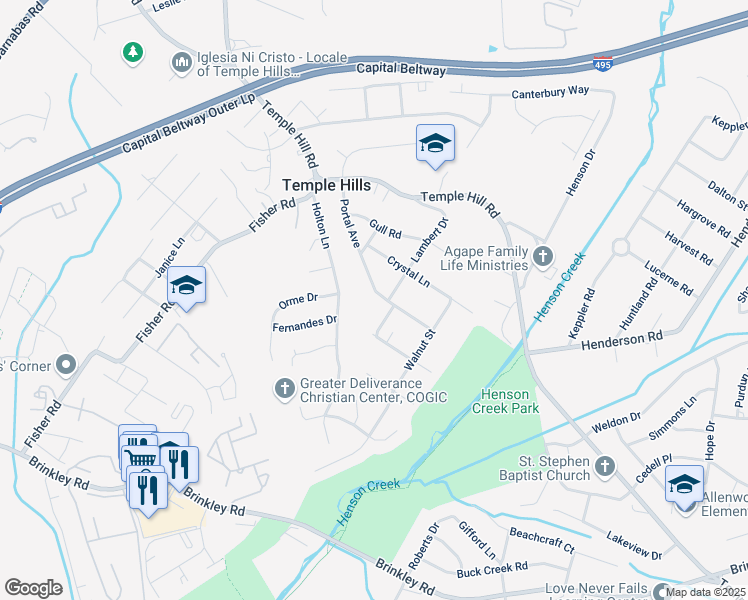 map of restaurants, bars, coffee shops, grocery stores, and more near 3733 Portal Avenue in Temple Hills