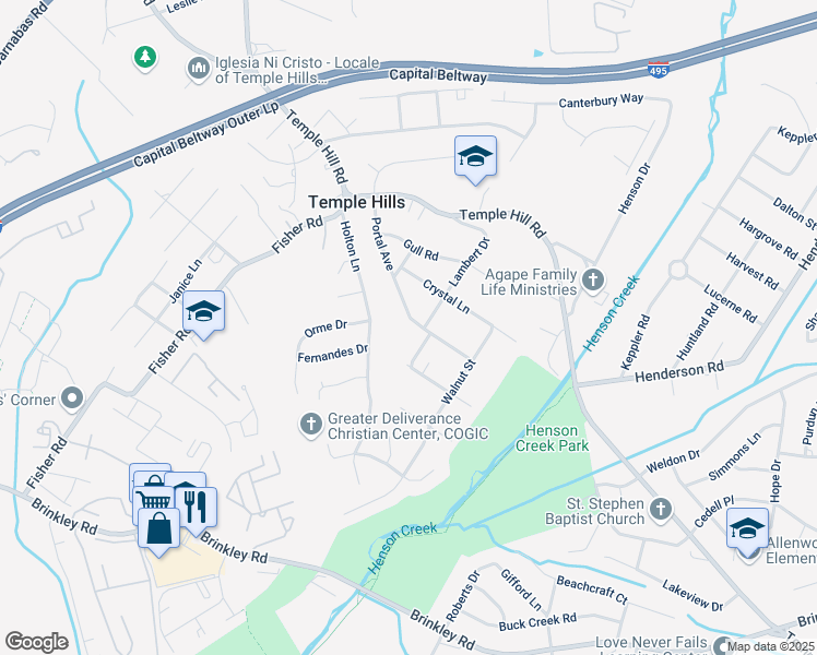 map of restaurants, bars, coffee shops, grocery stores, and more near 3733 Portal Avenue in Temple Hills