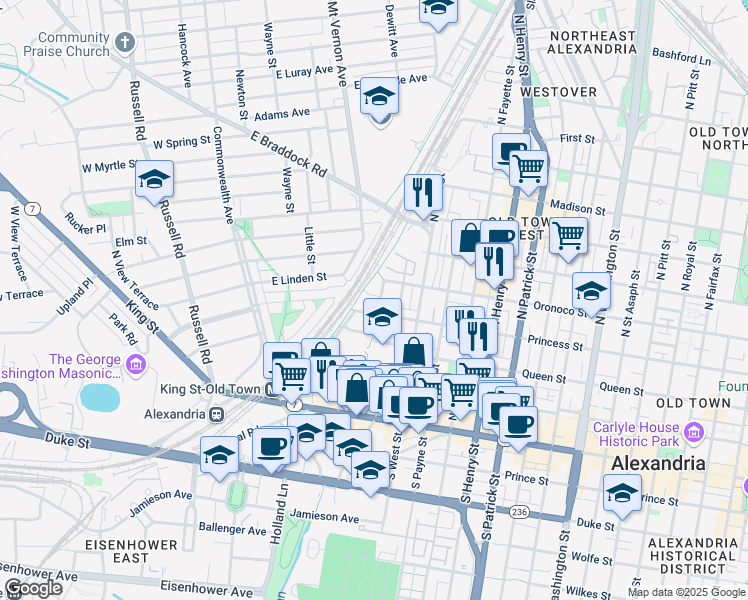 map of restaurants, bars, coffee shops, grocery stores, and more near 1602 Suter Street in Alexandria