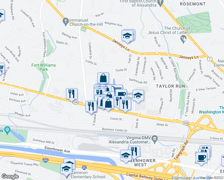 map of restaurants, bars, coffee shops, grocery stores, and more near 1100 Quaker Hill Drive in Alexandria