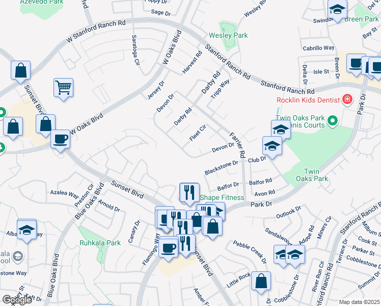 map of restaurants, bars, coffee shops, grocery stores, and more near 5838 Devon Drive in Rocklin