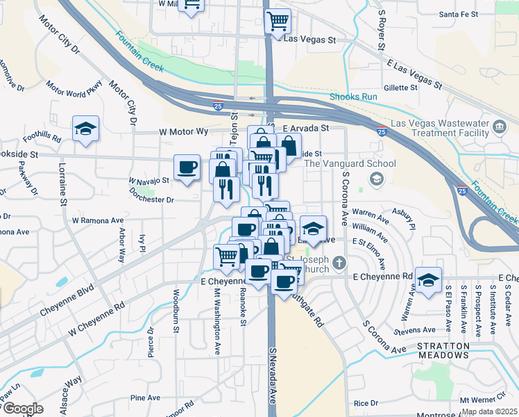map of restaurants, bars, coffee shops, grocery stores, and more near 125 East Ramona Avenue in Colorado Springs