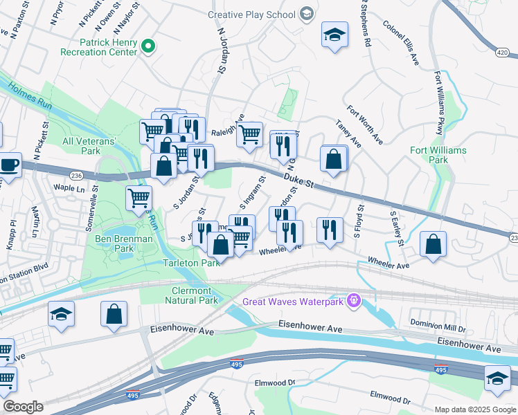 map of restaurants, bars, coffee shops, grocery stores, and more near 37 South Hudson Street in Alexandria