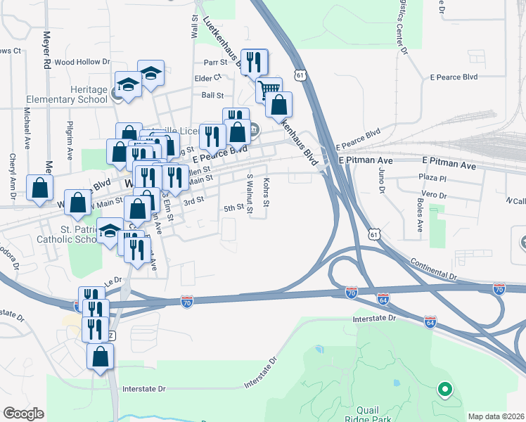 map of restaurants, bars, coffee shops, grocery stores, and more near 505 Kohrs Street in Wentzville