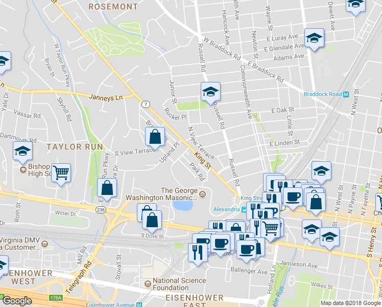 map of restaurants, bars, coffee shops, grocery stores, and more near 2228 King Street in Alexandria
