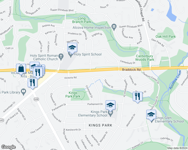 map of restaurants, bars, coffee shops, grocery stores, and more near 8628 Thames Street in Springfield