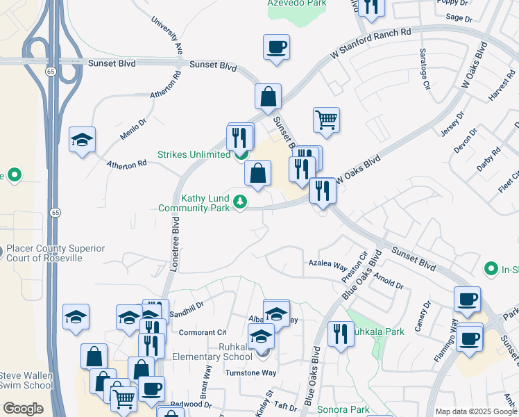 map of restaurants, bars, coffee shops, grocery stores, and more near 6020 West Oaks Boulevard in Rocklin