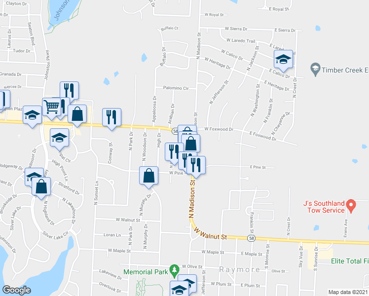 map of restaurants, bars, coffee shops, grocery stores, and more near 406 West Pine Street in Raymore