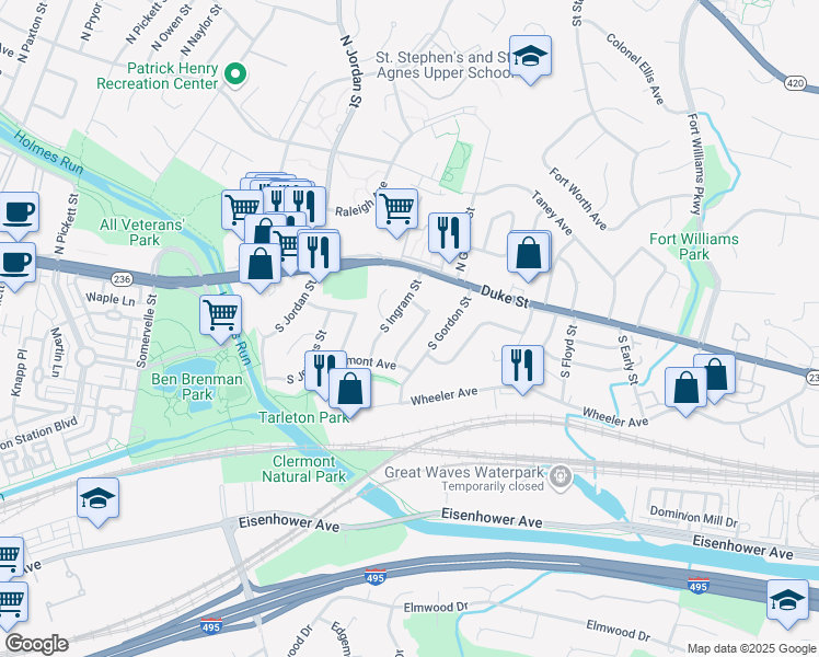 map of restaurants, bars, coffee shops, grocery stores, and more near 37 South Hudson Street in Alexandria