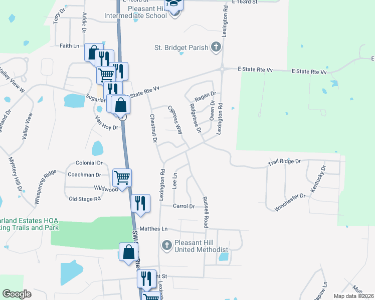 map of restaurants, bars, coffee shops, grocery stores, and more near 1713 Russell Road in Pleasant Hill