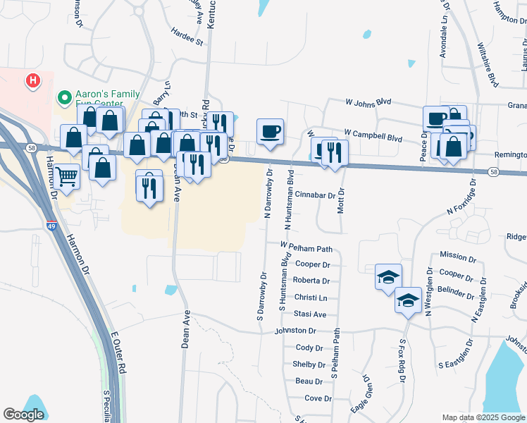 map of restaurants, bars, coffee shops, grocery stores, and more near 201 North Darrowby Drive in Raymore