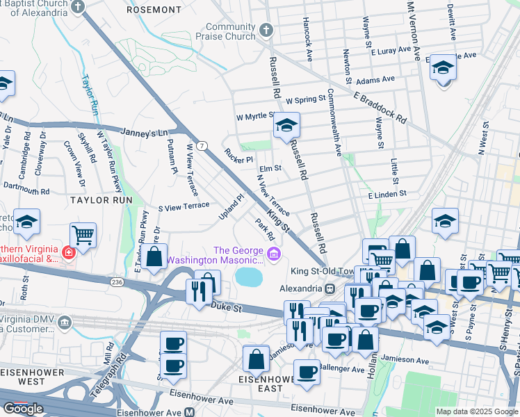 map of restaurants, bars, coffee shops, grocery stores, and more near 2228 King Street in Alexandria