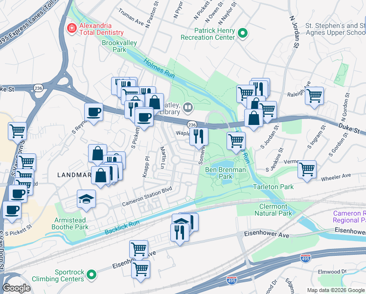 map of restaurants, bars, coffee shops, grocery stores, and more near 5009 Barbour Drive in Alexandria