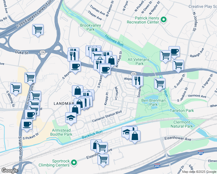 map of restaurants, bars, coffee shops, grocery stores, and more near 171 Barrett Place in Alexandria