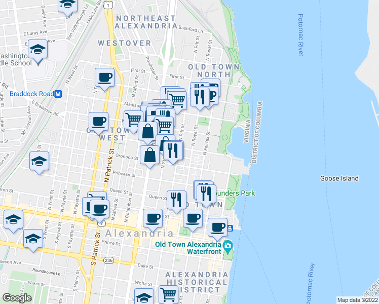 map of restaurants, bars, coffee shops, grocery stores, and more near 402 Pendleton Street in Alexandria