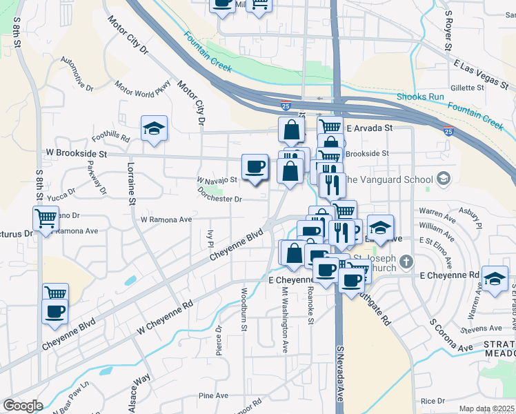 map of restaurants, bars, coffee shops, grocery stores, and more near 20 Cheyenne Boulevard in Colorado Springs