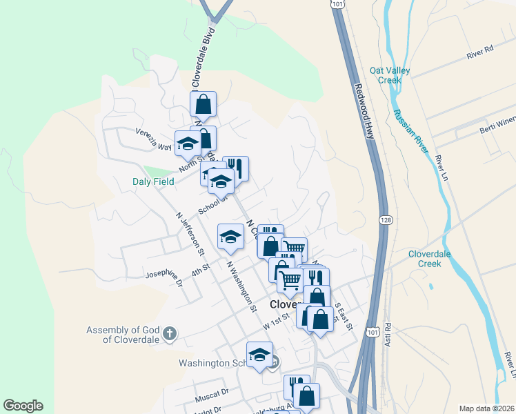 map of restaurants, bars, coffee shops, grocery stores, and more near 416 North Cloverdale Boulevard in Cloverdale