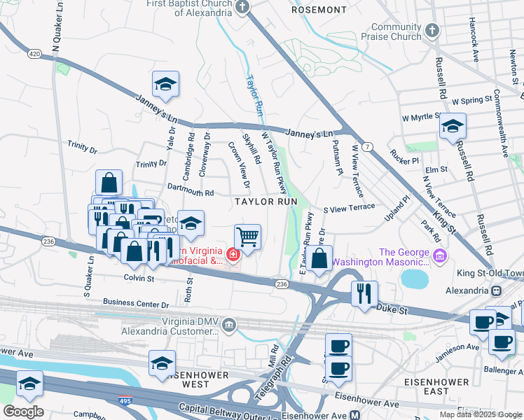 map of restaurants, bars, coffee shops, grocery stores, and more near 204 Skyhill Road in Alexandria