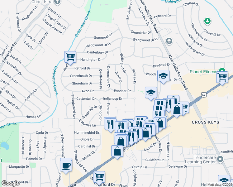 map of restaurants, bars, coffee shops, grocery stores, and more near 2440 Indiancup Drive in Florissant