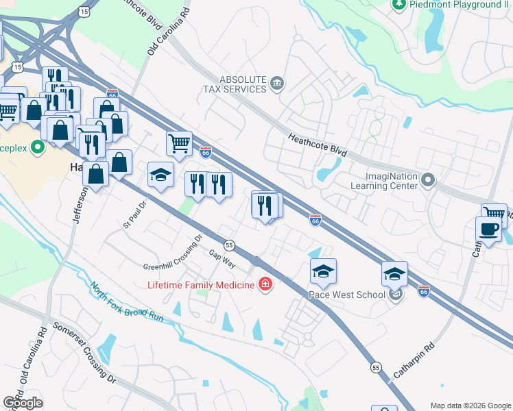 map of restaurants, bars, coffee shops, grocery stores, and more near 14532 John Marshall Hwy in Gainesville