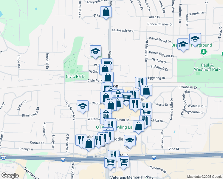 map of restaurants, bars, coffee shops, grocery stores, and more near 101 East Elm Street in O'Fallon