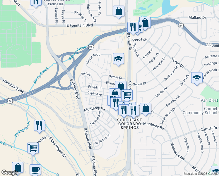map of restaurants, bars, coffee shops, grocery stores, and more near 2536 Gilpin Avenue in Colorado Springs