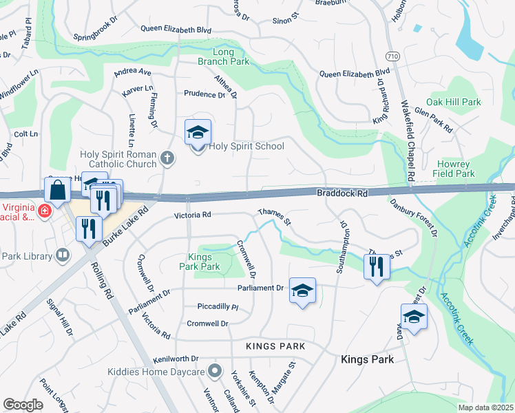 map of restaurants, bars, coffee shops, grocery stores, and more near 8628 Thames Street in Springfield