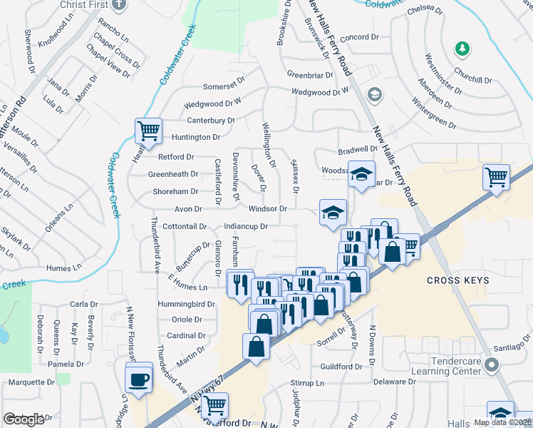 map of restaurants, bars, coffee shops, grocery stores, and more near 2440 Indiancup Drive in Florissant