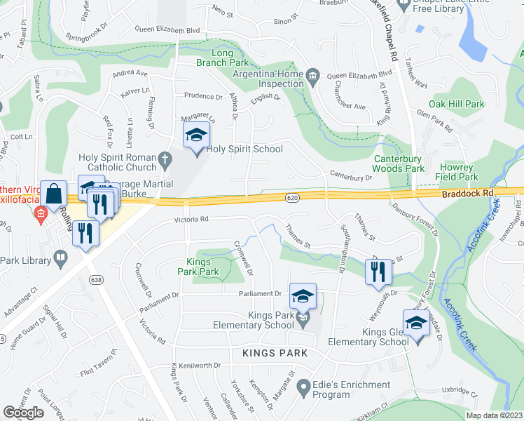 map of restaurants, bars, coffee shops, grocery stores, and more near 8626 Thames Street in Springfield