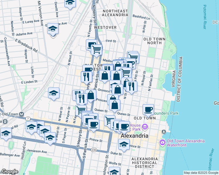 map of restaurants, bars, coffee shops, grocery stores, and more near 512 South Columbus Street in Alexandria