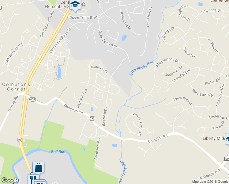 map of restaurants, bars, coffee shops, grocery stores, and more near 14162 Compton Valley Way in Centreville