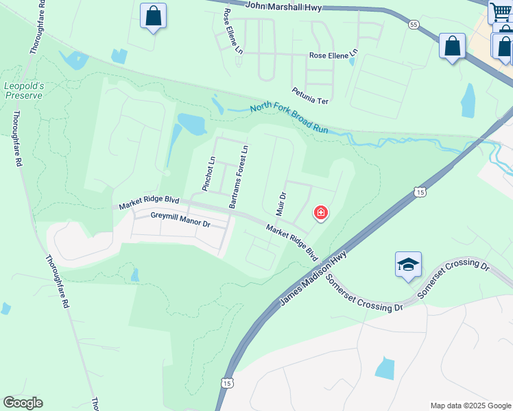 map of restaurants, bars, coffee shops, grocery stores, and more near 15763 Audubon Way in Haymarket