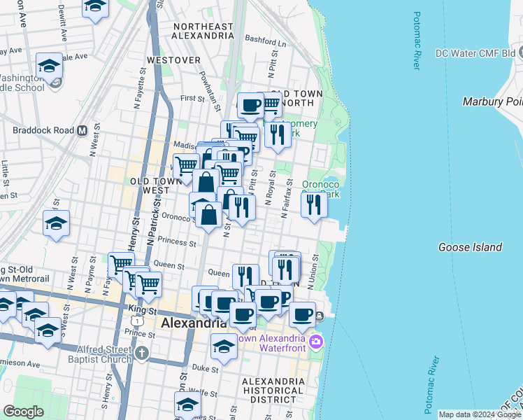 map of restaurants, bars, coffee shops, grocery stores, and more near 406 Pendleton Street in Alexandria