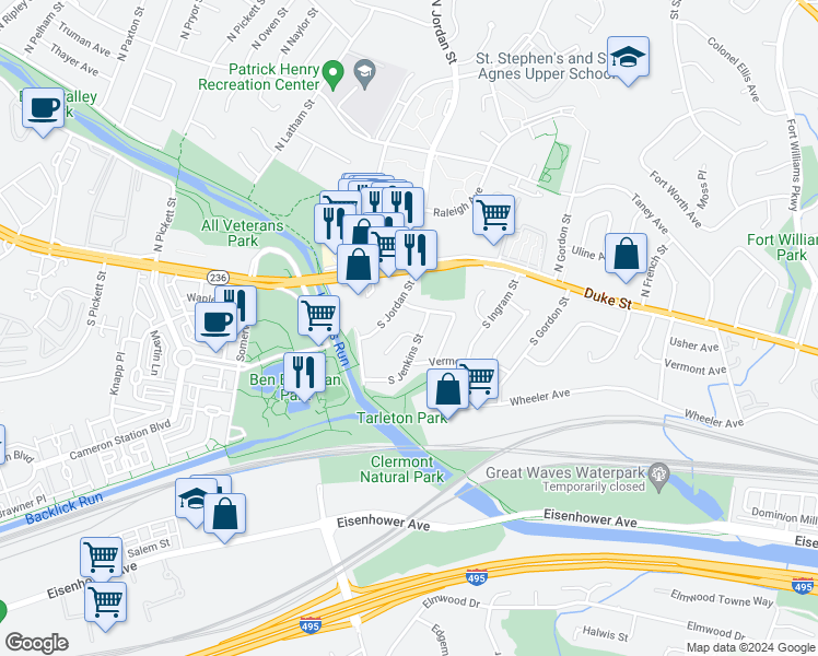 map of restaurants, bars, coffee shops, grocery stores, and more near 113 Jasper Place in Alexandria