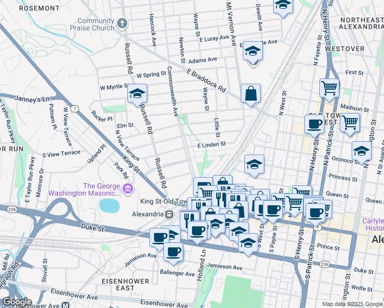 map of restaurants, bars, coffee shops, grocery stores, and more near 203 Commonwealth Avenue in Alexandria