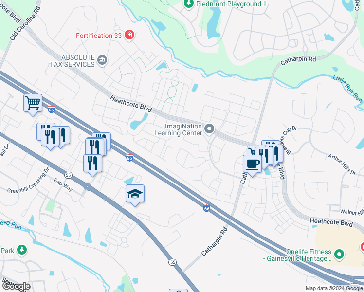 map of restaurants, bars, coffee shops, grocery stores, and more near 14319 Legend Glen Court in Gainesville