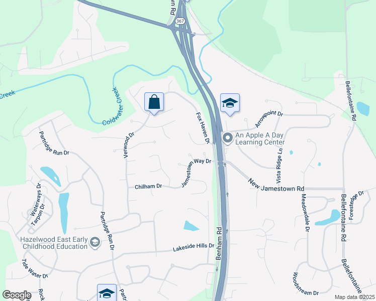 map of restaurants, bars, coffee shops, grocery stores, and more near 12820 Bright Oaks Court in Florissant