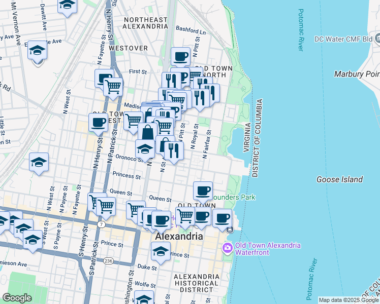 map of restaurants, bars, coffee shops, grocery stores, and more near 402 Pendleton Street in Alexandria