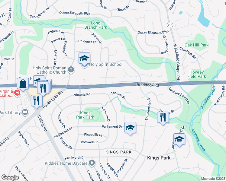 map of restaurants, bars, coffee shops, grocery stores, and more near 8626 Thames Street in Springfield