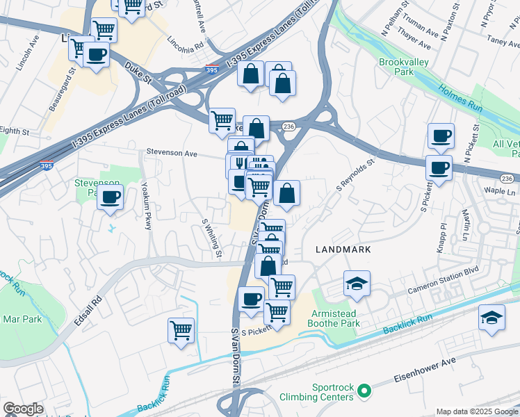 map of restaurants, bars, coffee shops, grocery stores, and more near 295 South Van Dorn Street in Alexandria