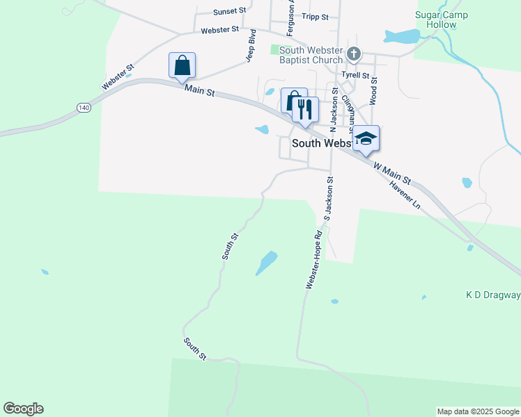 map of restaurants, bars, coffee shops, grocery stores, and more near South Street in South Webster