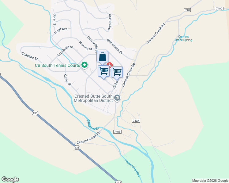 map of restaurants, bars, coffee shops, grocery stores, and more near 225 Cement Creek Road in Crested Butte