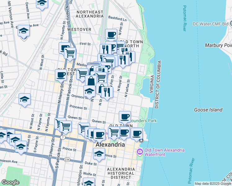 map of restaurants, bars, coffee shops, grocery stores, and more near 406 Pendleton Street in Alexandria
