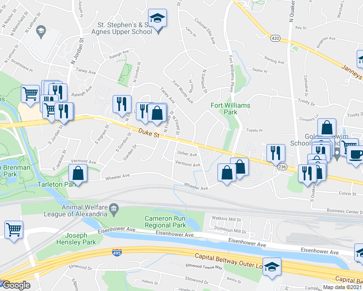 map of restaurants, bars, coffee shops, grocery stores, and more near 3924 Duke Street in Alexandria