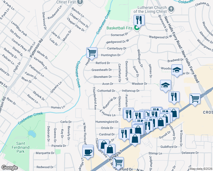 map of restaurants, bars, coffee shops, grocery stores, and more near 2072 Shoreham Drive in Florissant
