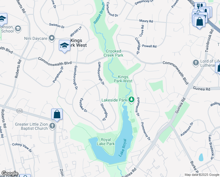 map of restaurants, bars, coffee shops, grocery stores, and more near 5396 Gainsborough Drive in Fairfax