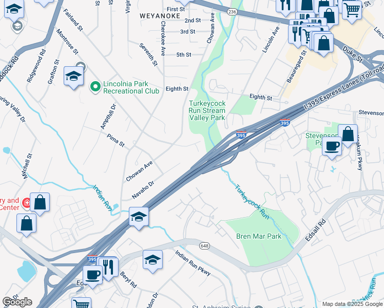 map of restaurants, bars, coffee shops, grocery stores, and more near 5214 Yuma Court in Alexandria