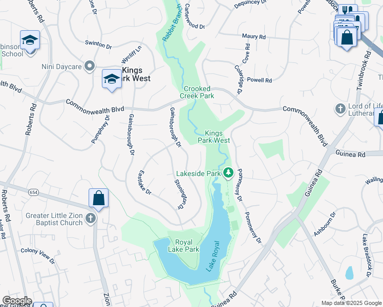 map of restaurants, bars, coffee shops, grocery stores, and more near 5396 Gainsborough Drive in Fairfax